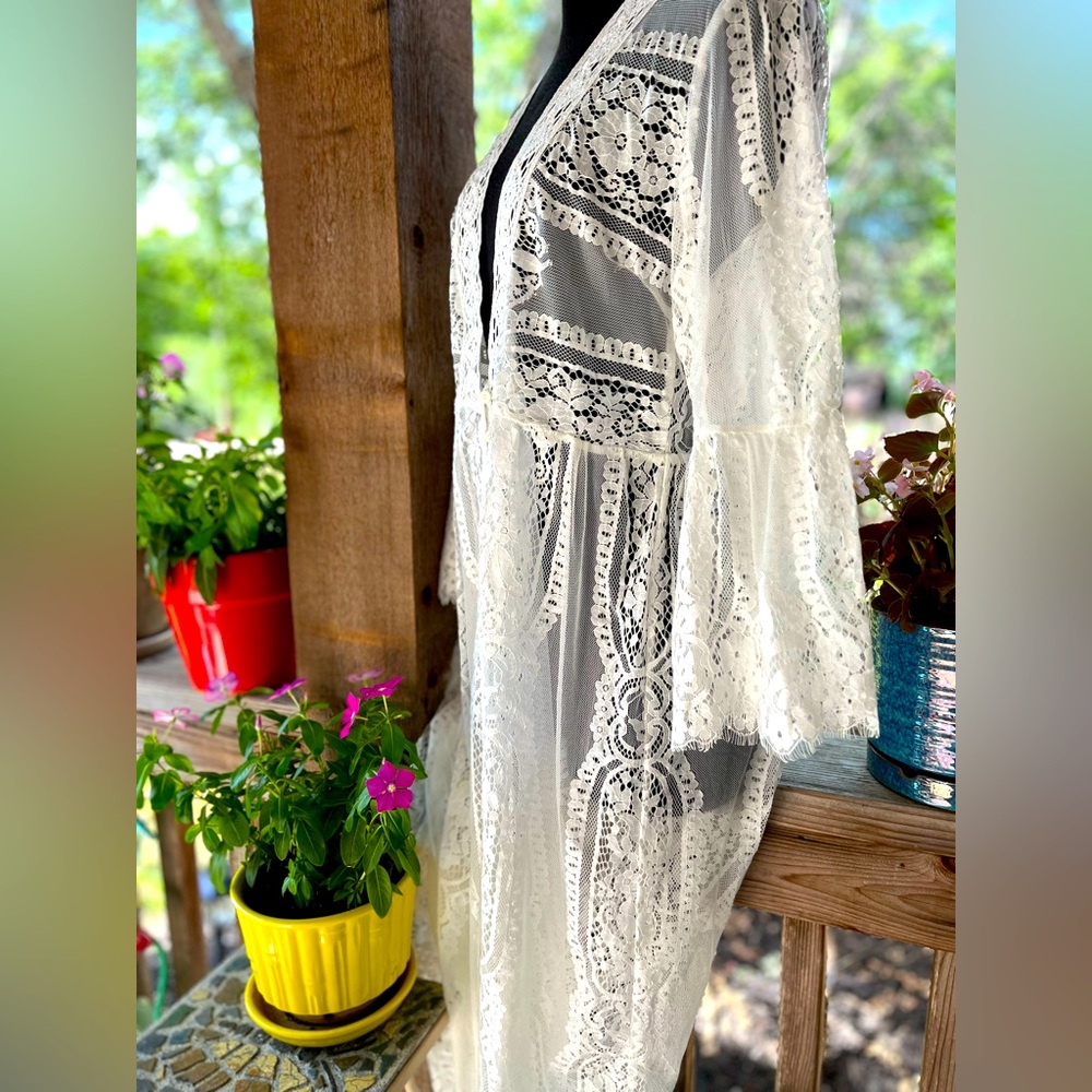 Maurice’s Ivory Lace Flare Sleeve Two Button 46” Length Duster Cardigan Cover-Up - Picture 5 of 7